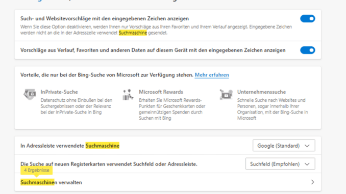 Am besten Edge Suche benutzen uund Suchmaschine eingeben. Änderungen der Standart Suchmaschine dann wie auf dem Bild